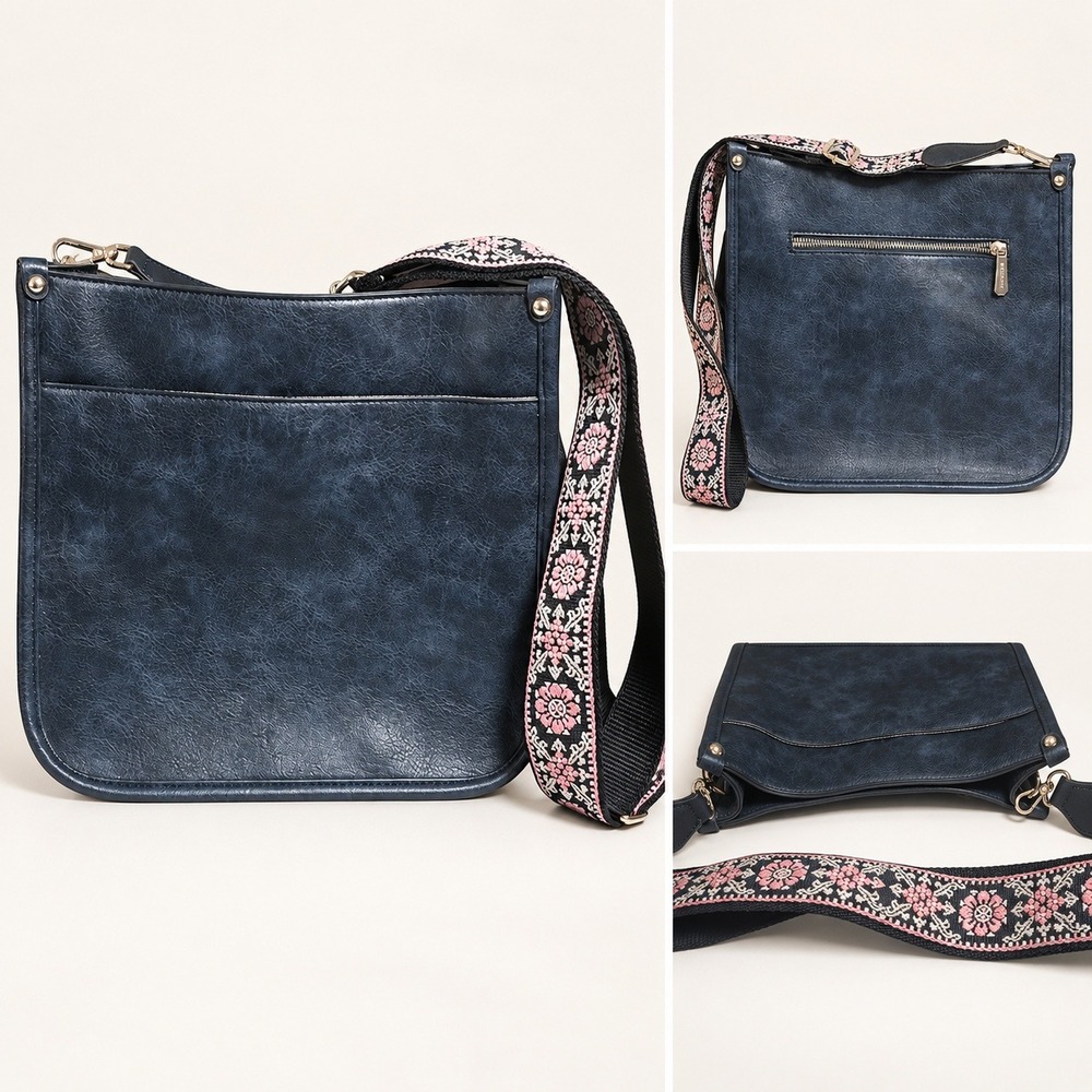 Navy Vegan Leather Crossbody Bag Floral Guitar Strap Messenger EUC